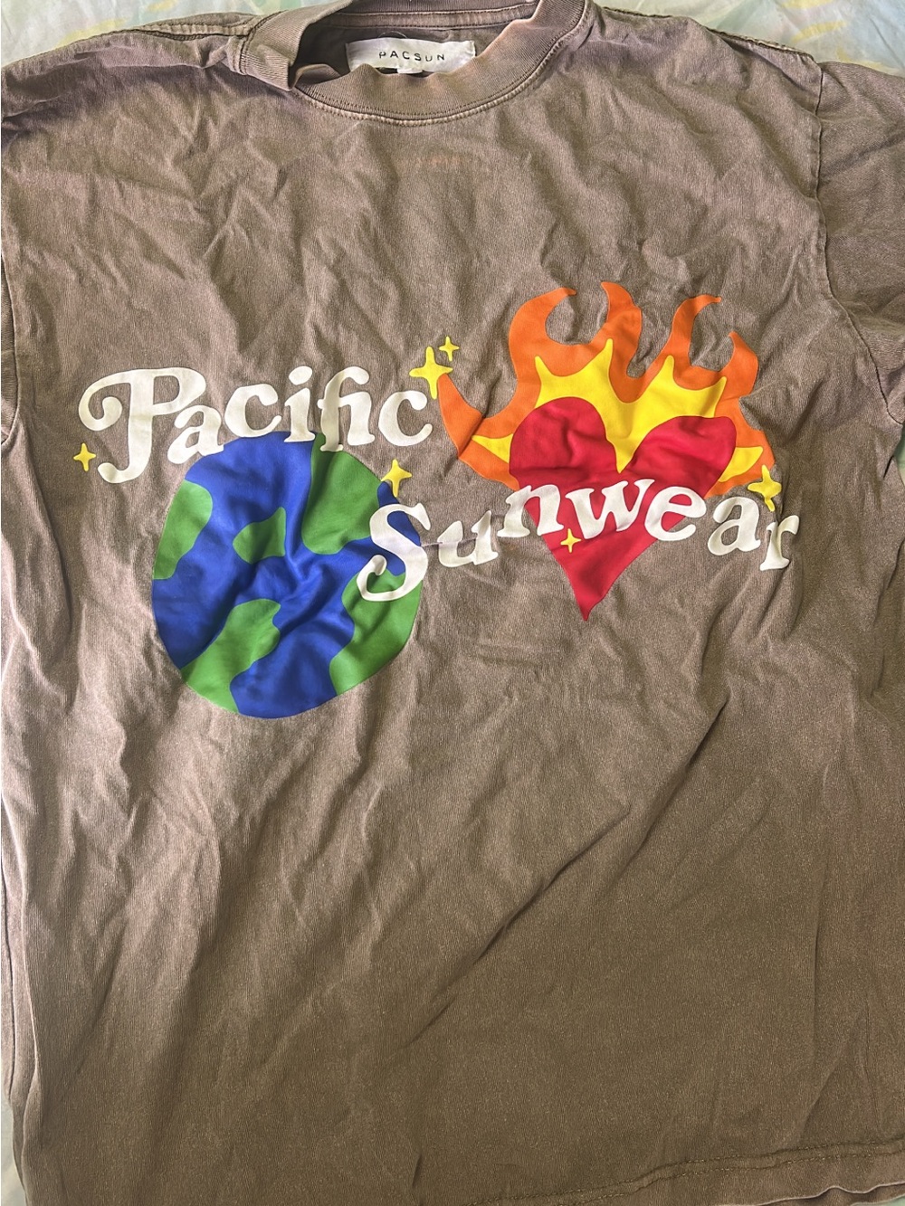 PacSun Kids Brown Graphic Tee with Blue & Green Earth and Red Flaming Heart